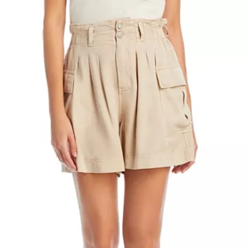 High Rise Paperbag Waist Cargo Shorts Pleated Khaki Lyocell Utility NWT M